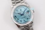 TWS Factory Swiss Replica Rolex Day Date Watch Ice Blue Face Stainless Steel Band Fluted Bezel  40mm